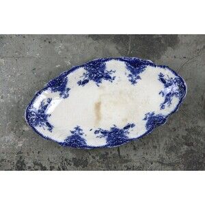 Antique Ironstone Flow Blue Relish Dish or Dresser Tray, stained and crazed